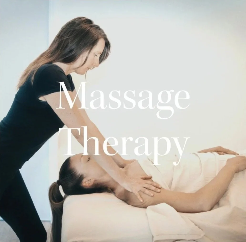 A woman giving a massage to a person lying on a massage table, with the text "Massage Therapy" overlaid on the image.