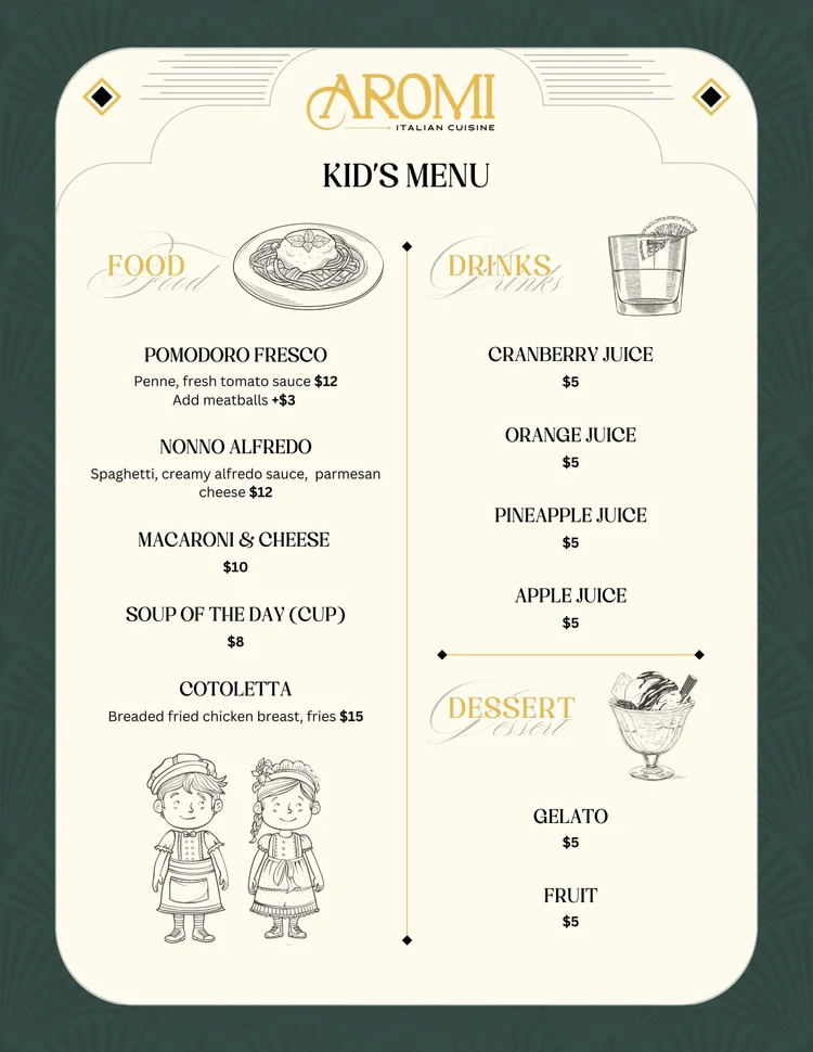 Kids Menu — Aromi Italian Cuisine | La Mesa