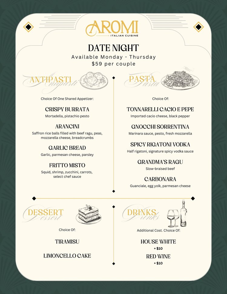 Date Night Menu — Aromi Italian Cuisine | La Mesa