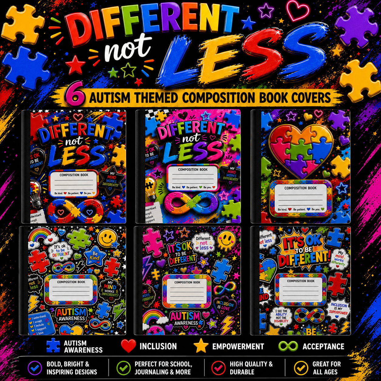 Autism Awareness Composition Book Cover Bundle | 6 Printable Notebook Cover Designs