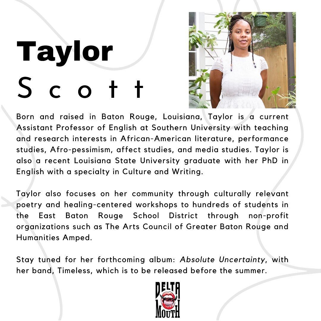 We can't wait to welcome LSU PhD alumna, singer, author, and performance artist #TaylorScott to Delta Mouth!

Taylor will perform this Friday, at 6:30 at the LSU College of Art + Design Auditorium. 

See you there!

#deltamouth #louisana #batonrouge 