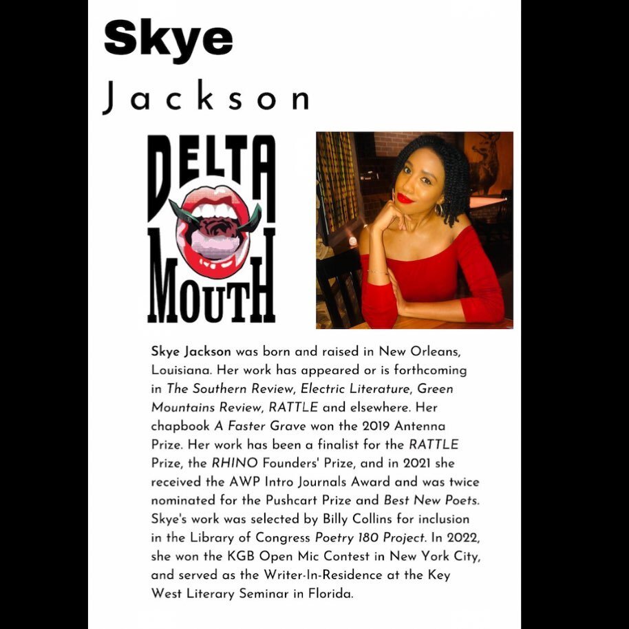 #ThisWeek at the opening night of the Delta Mouth Literary Festival, we're thrilled to welcome featured reader Skye Jackson! 

Award-winning poet, editor, writer, and former LSU Creative Writing alum, Skye will read this Friday at the LSU College of 