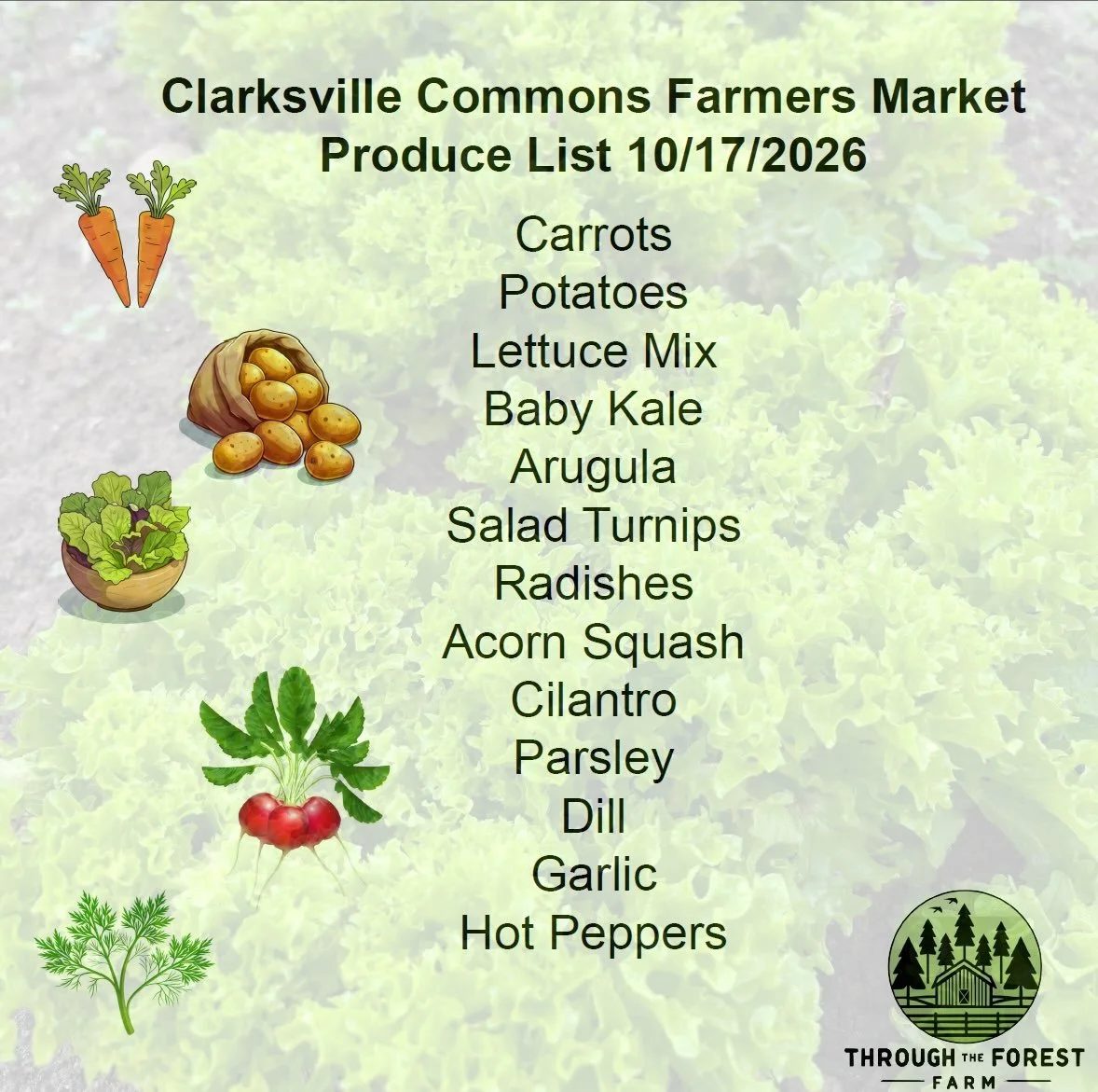 Looking to pick up some #freshveggies this weekend? Here&rsquo;s what we&rsquo;ll have at the market @clarksvillecommons 9-1pm on Saturday plus a few surprise bonus items! #fallharvest #carrots #lettucemix #wegrowitall