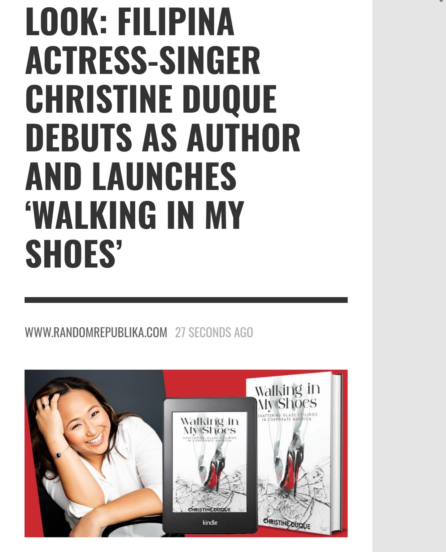 More Philippine press coverage of @christineduque Amazon Best Selling book “Walking in My Shoes: Shattering Glass Ceilings in Corporate America”
Check out the coverage from Random Republika Philippines and get your copy today!
Availabl