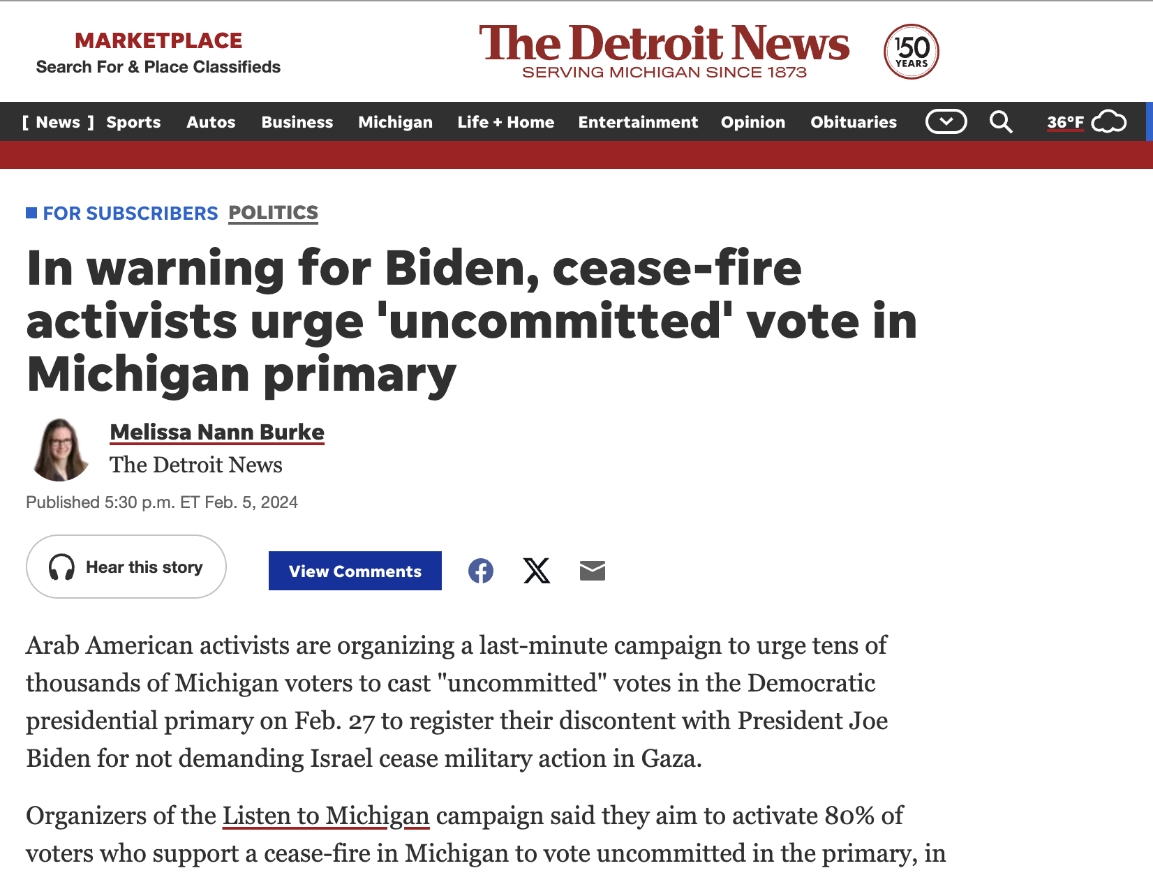 The Detroit News: In warning for Biden, cease-fire activists urge 'uncommitted' vote in Michigan primary