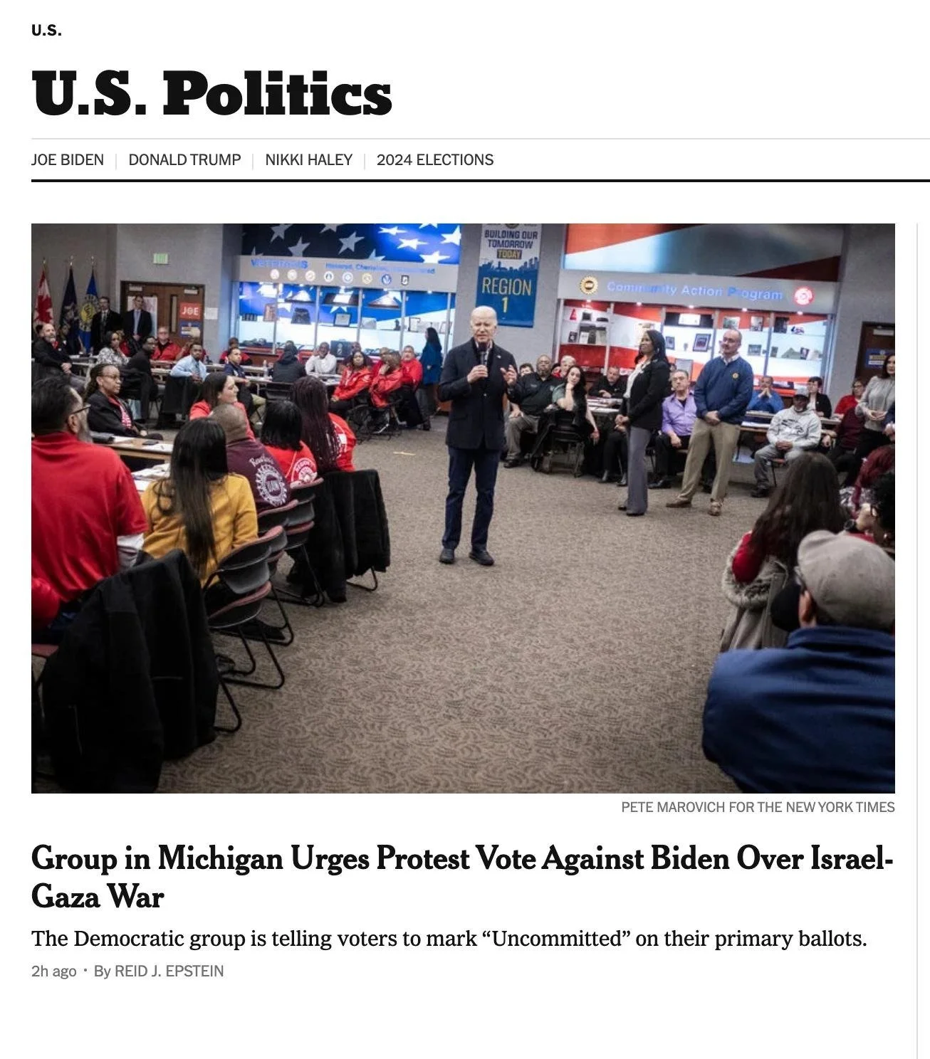 New York Times: Group in Michigan Urges Protest Vote Against Biden Over Israel-Gaza War