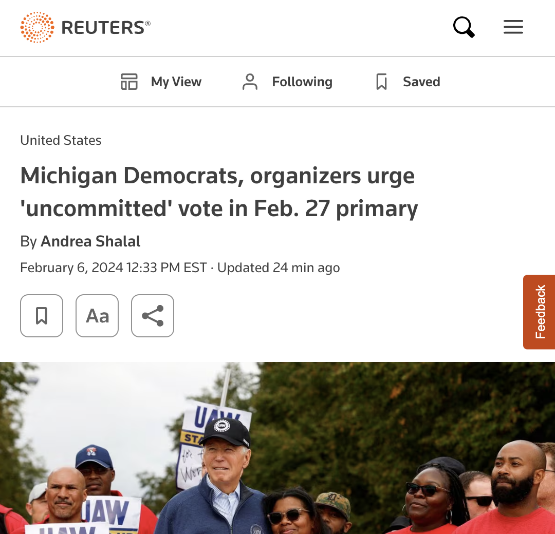 Reuters: Michigan Democrats, organizers urge 'uncommitted' vote in Feb. 27 primary