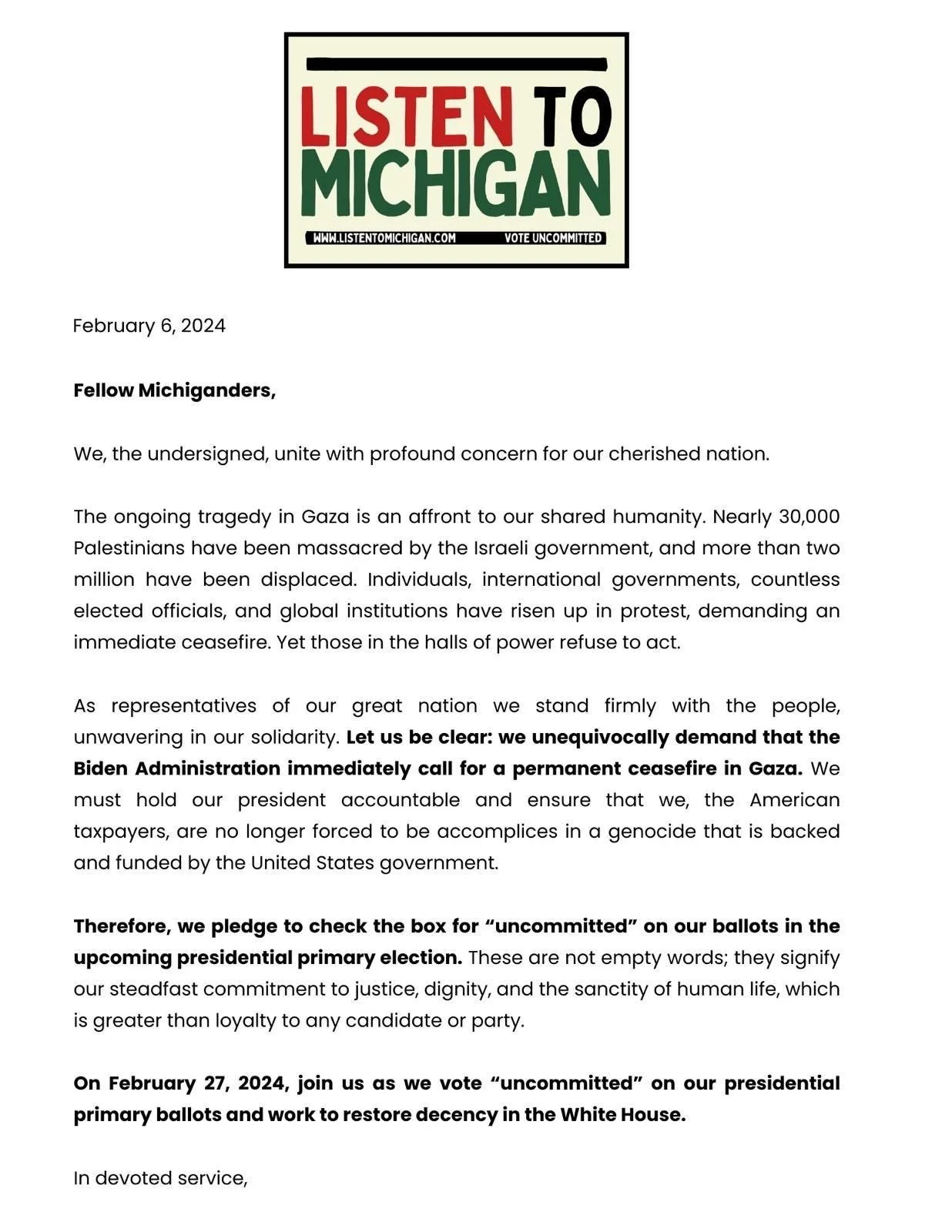 30+ Electeds in Michigan Pledge to Vote “Uncommitted” in the Democratic Primary Election