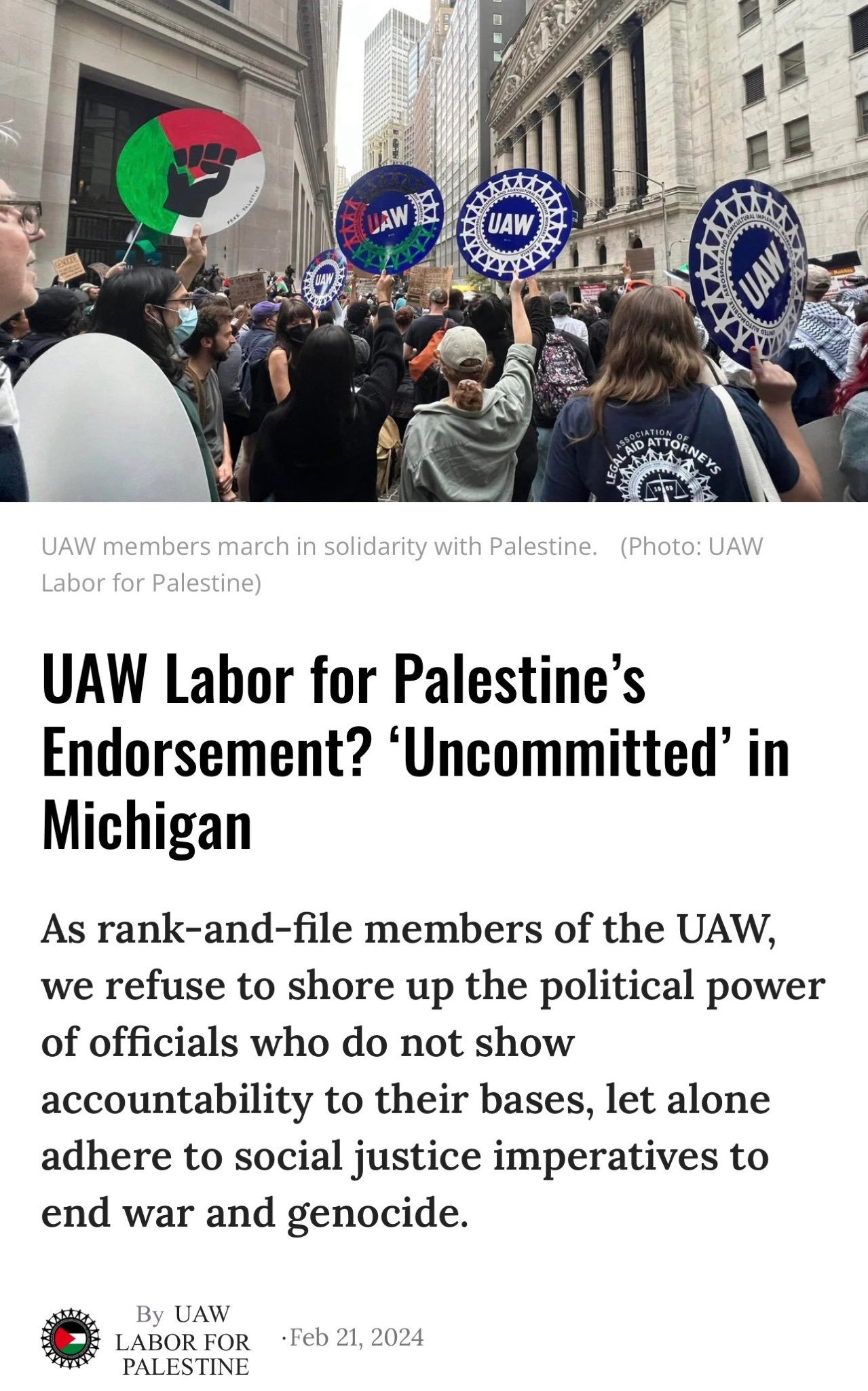 UAW Labor for Palestine’s Endorses ‘Uncommitted’ in Michigan 