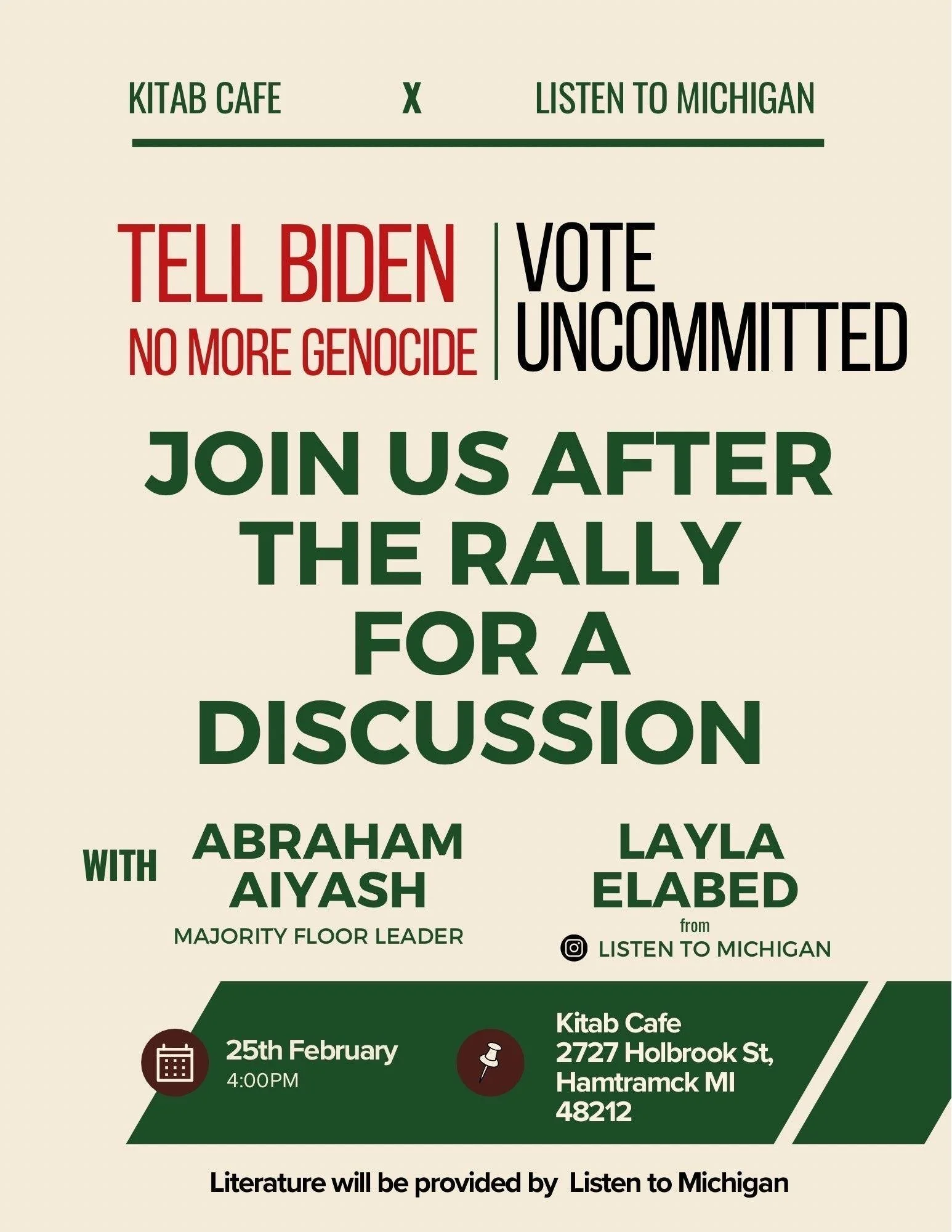 Sunday, Feb. 25 in Hamtramck:  Discussion with Rep. Abraham Aiyash and Layla Elabed of Listen to Michigan