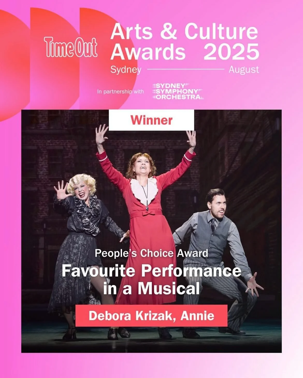 Big Congratulations to the fabulous Debora Krizak for winning &lsquo;Favourite Performance in a Musical&rsquo; at Time Out Sydney Arts &amp; Culture Awards 2025 People&rsquo;s Choice for her unforgettable performance as Miss Hannigan in Annie!🏆 

@d