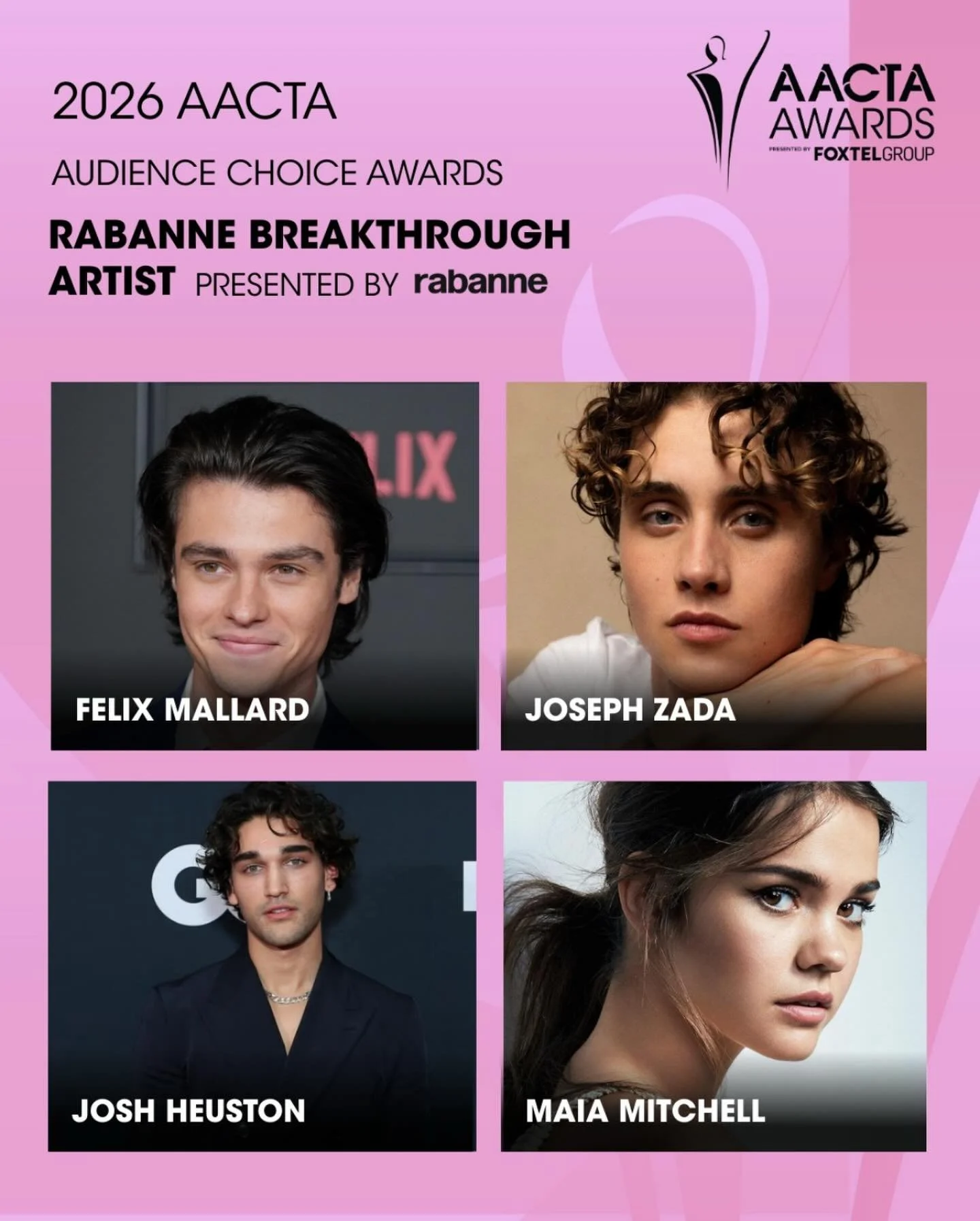 Felix Mallard has been nominated for the Rabanne Breakthrough Artist of the Year in the 2026 AACTA Audience Choice Awards! Go Felix ✨🎉