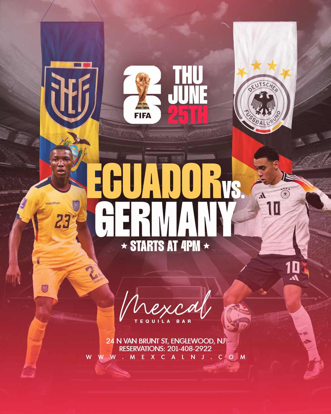 Announcement poster for a soccer match between Ecuador and Germany scheduled for Thursday, June 25th, starting at 4 PM. The poster features players in national team jerseys, flags of Ecuador and Germany, and logos of FIFA and the German Football Association, along with venue details and a website link for more information.