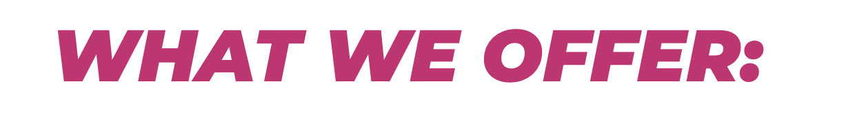 Text that reads 'WHAT WE OFFER:' in bold, pink, italicized font on a white background.