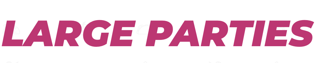 Bold pink text reading 'LARGE PARTIES' on a white background.