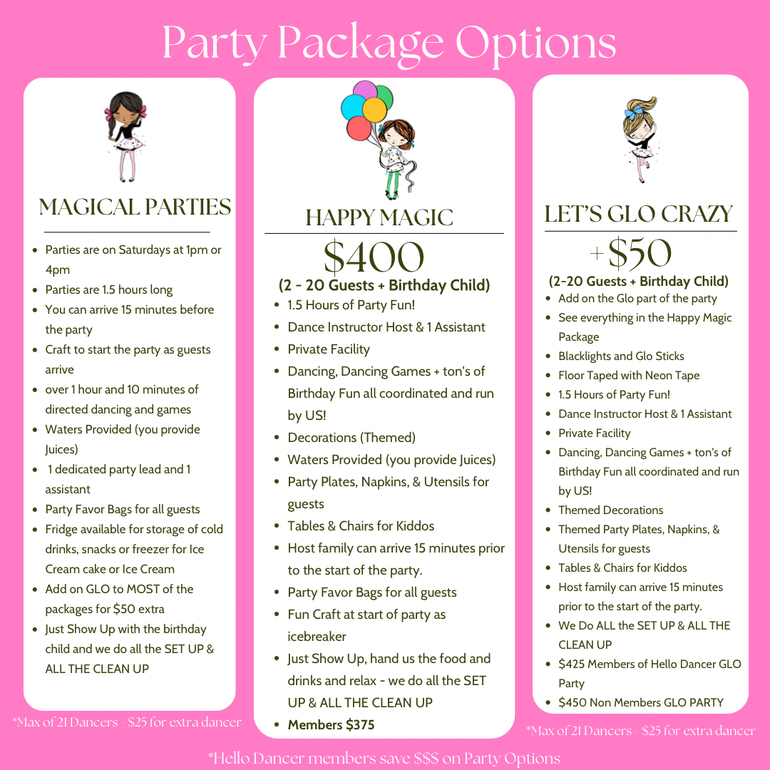 Party packages options flyer with three packages: Magical Parties, Happy Magic, and Let's Glo Crazy, each with details and prices, on a pink background.