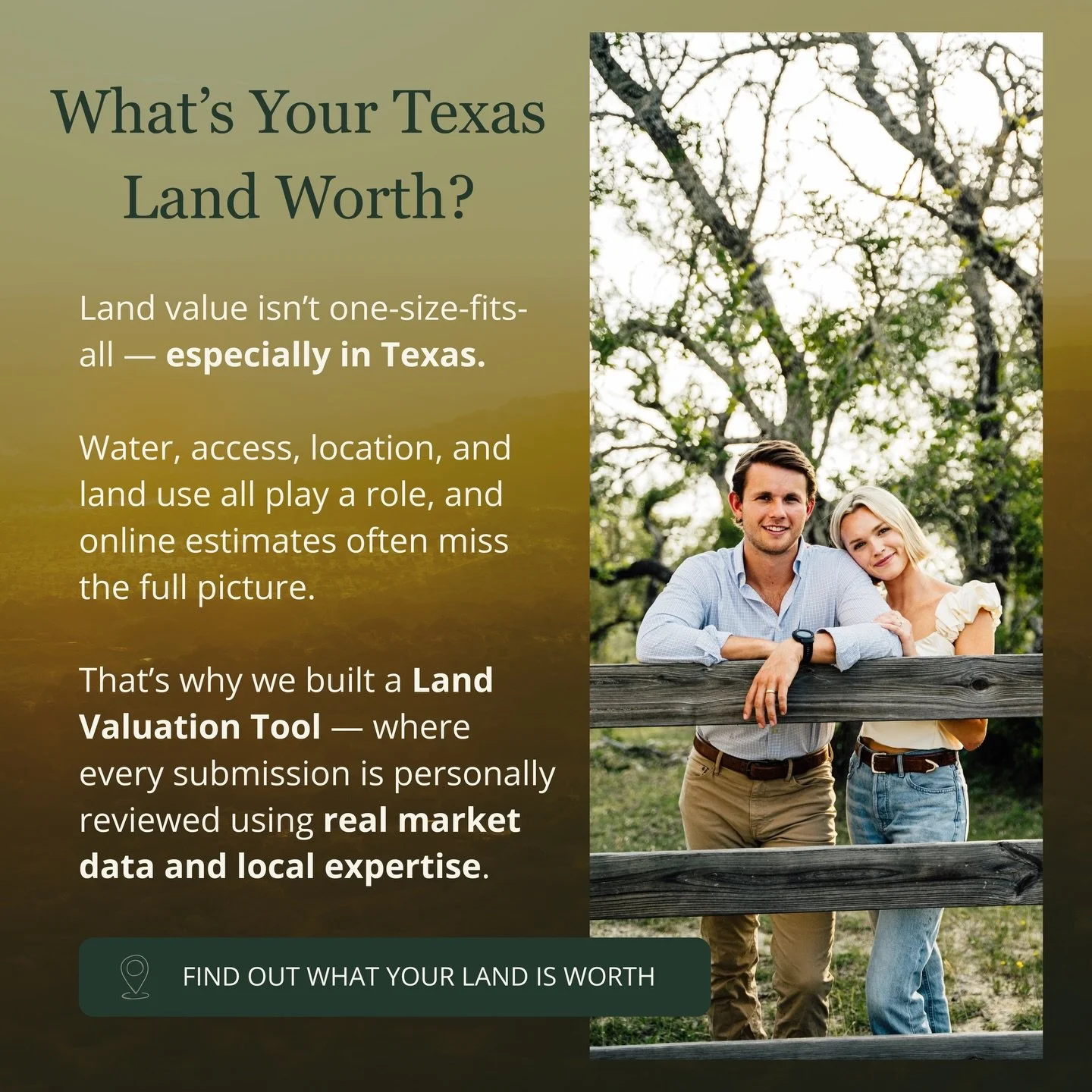 What&rsquo;s your Texas land really worth?

Not a Zillow guess.
Not a neighbor&rsquo;s opinion.
Not a &ldquo;price per acre&rdquo; shortcut.

Water. Access. Topography. Location. Use. Market timing.

Every property is different &mdash; especially in 