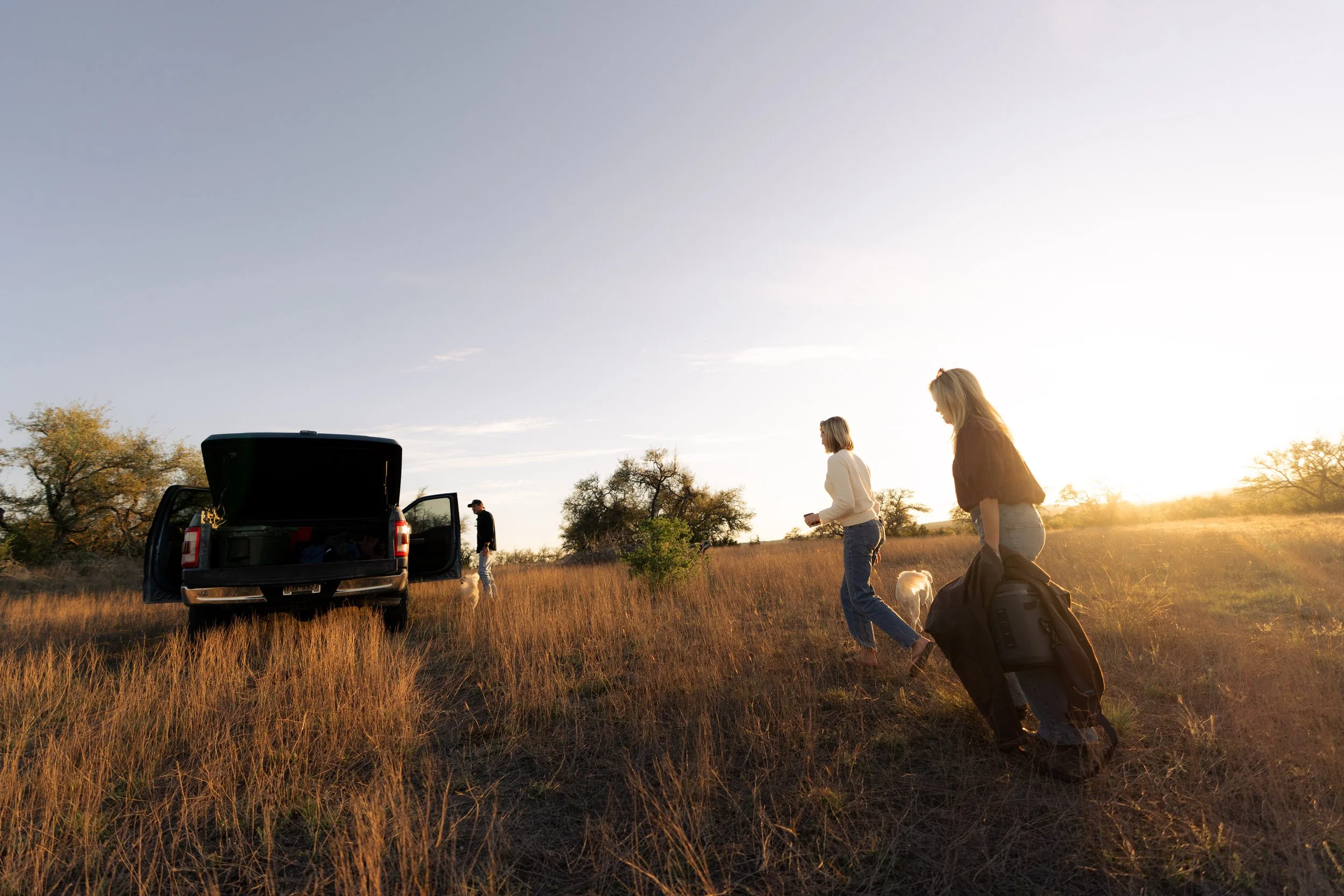 Group of people heading into the woods as the sun sets, with open car trunks and luggage on the ground.