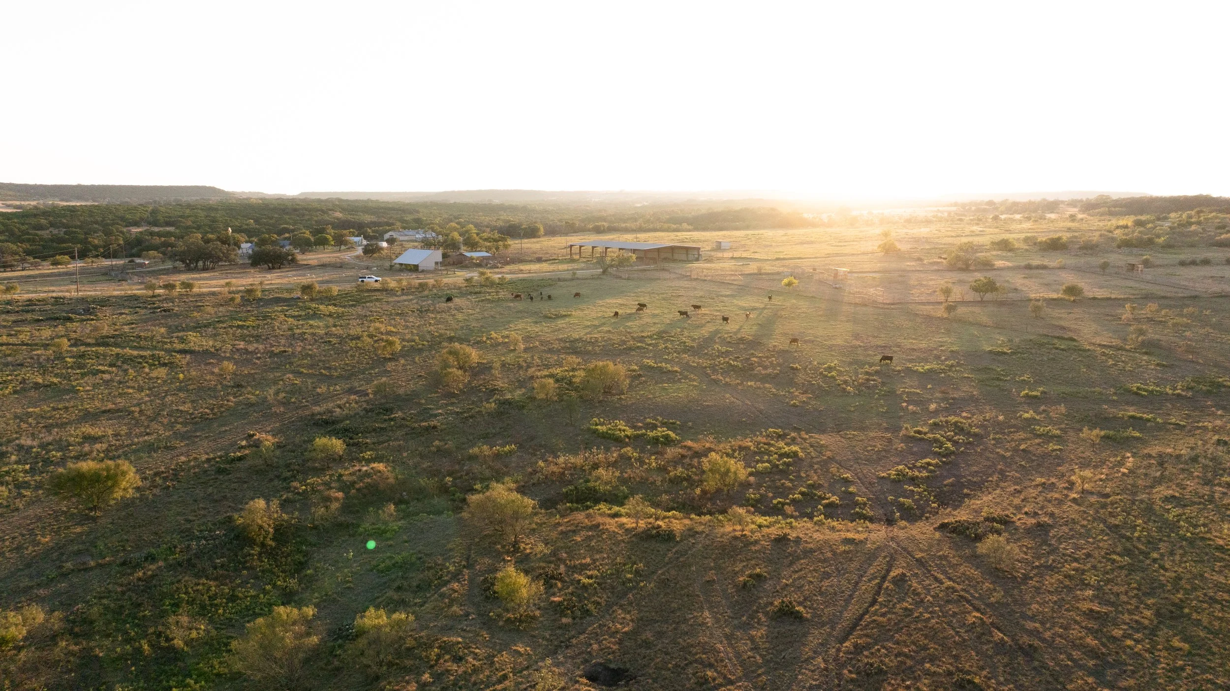 Sunset over rural farm land with cattle grazing, a barn, and sparse vegetation in Lampasas County, covering 86 acres.
