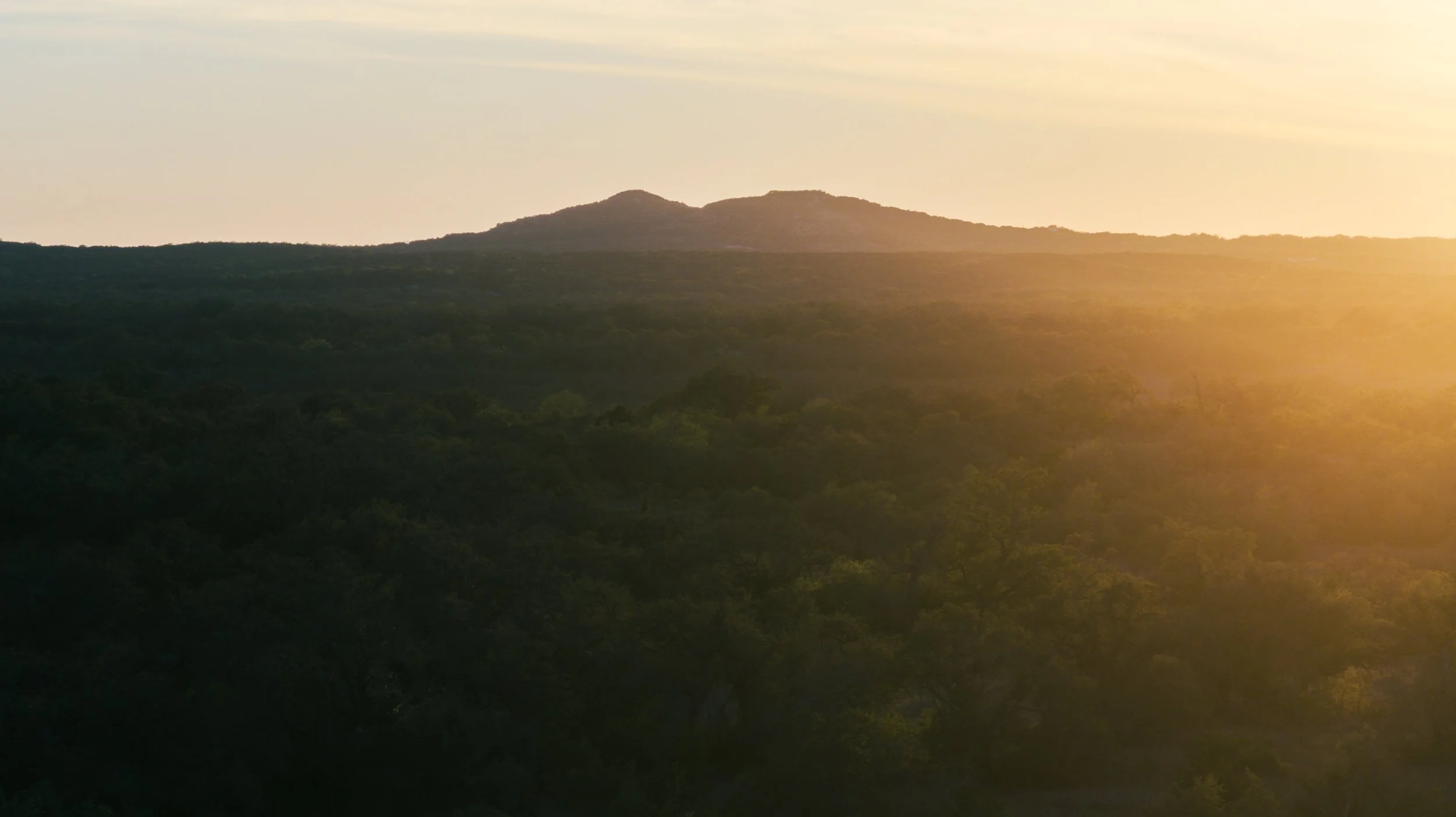 Sunset over a mountain range with lush green forest in the foreground.