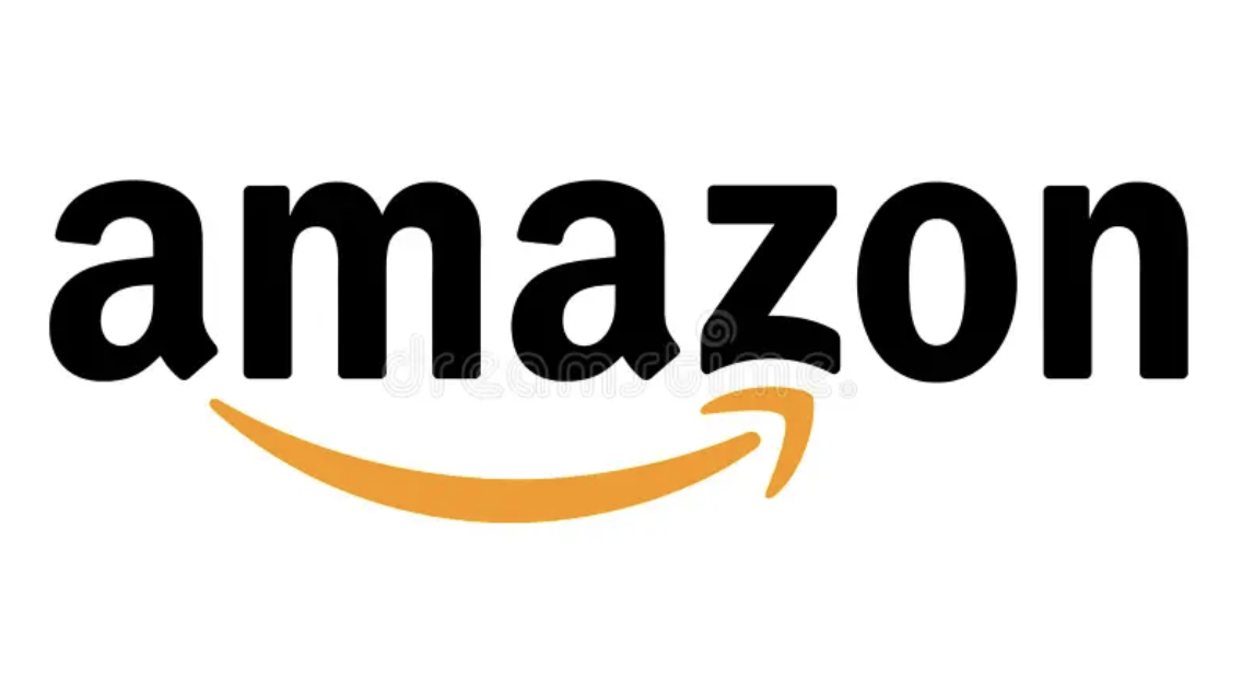Amazon logo with black text and an orange arrow curved underneath from 'a' to 'z'.