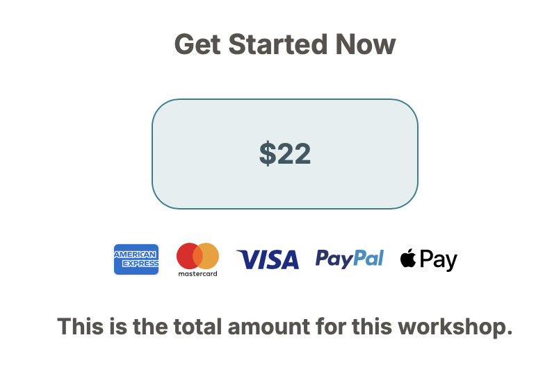 Payment interface showing a total amount of 22 dollars, with options for American Express, Mastercard, Visa, PayPal, and Apple Pay, and a 'Get Started Now' button.