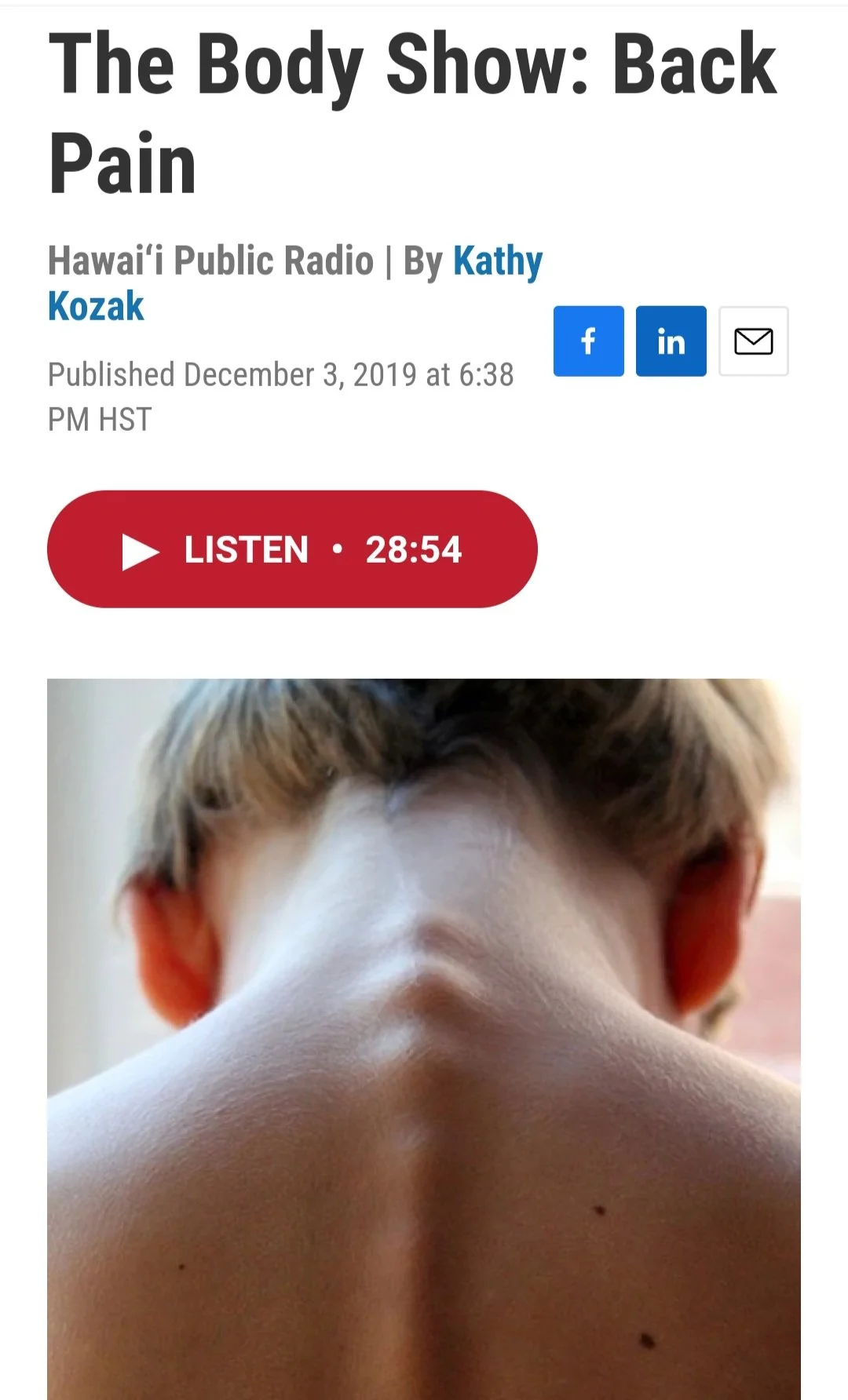 The Body Show: Back pain, Hawaii public radio by kathy, interview with Christine Lynders