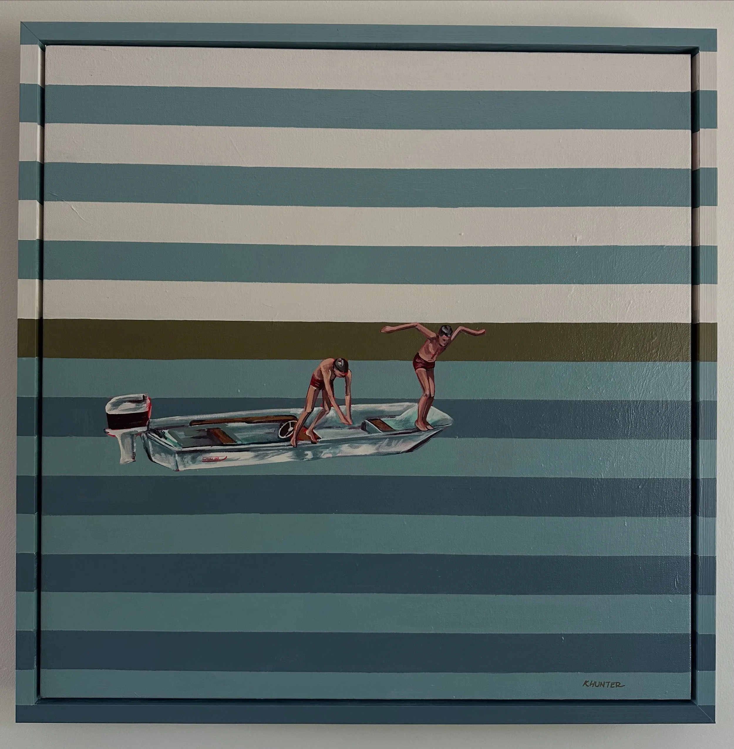 Painting of two boys in swimsuits on a small boat in a striped blue, green, and white background, new england, coastal art, coastal inspired, new england summer