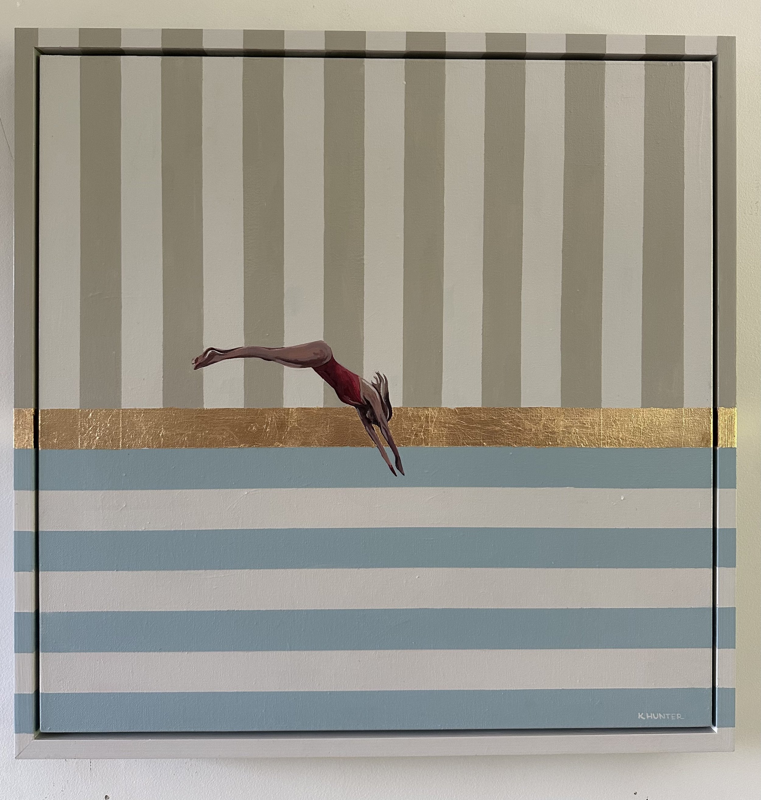 A painting of a female diver in a red swimsuit mid-dive, with a background of vertical beige and white stripes and horizontal blue and white stripes, and a gold horizontal band.  new england, coastal art, coastal inspired, new england summer