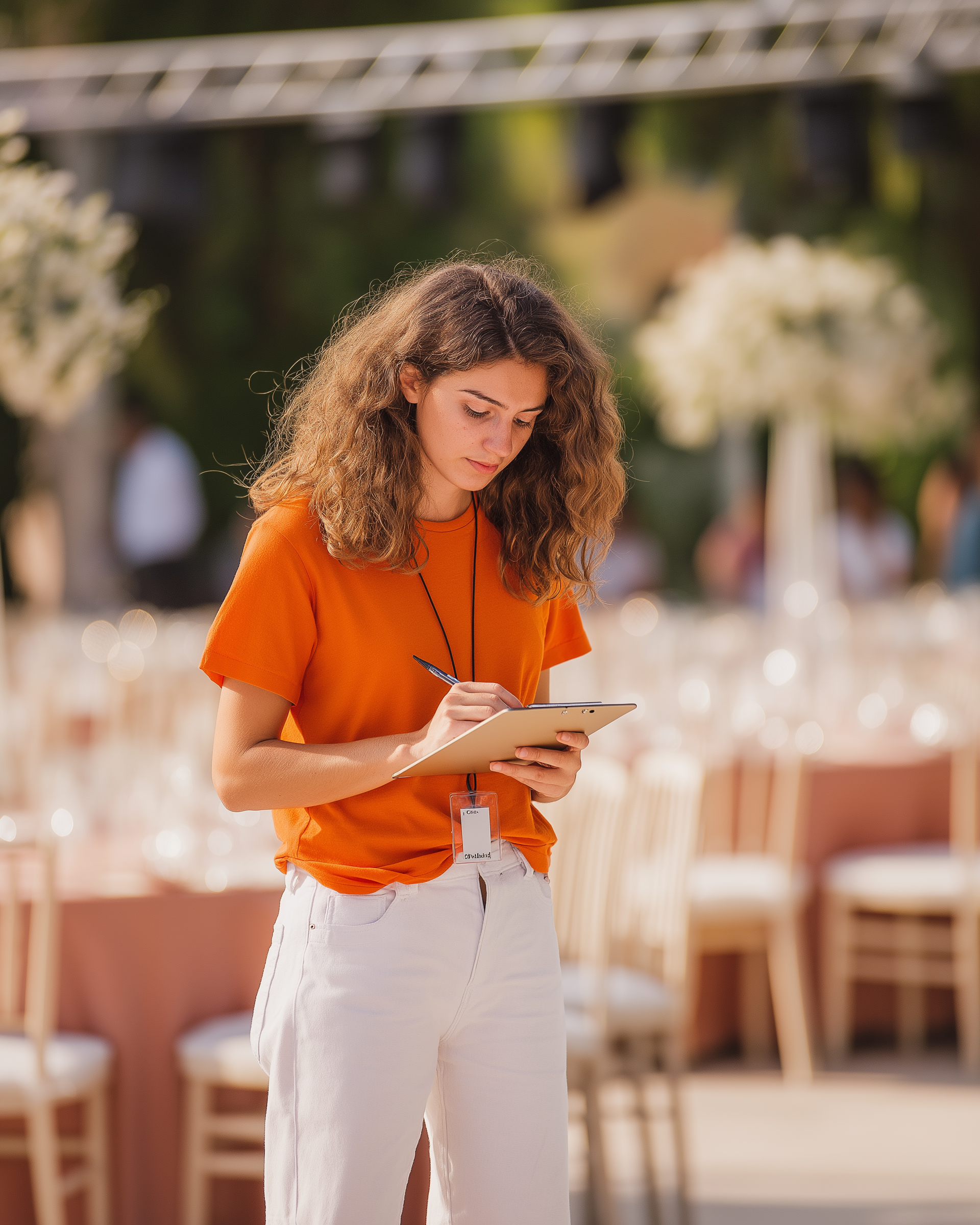 Event planner taking notes with blurred chairs and tables in background.