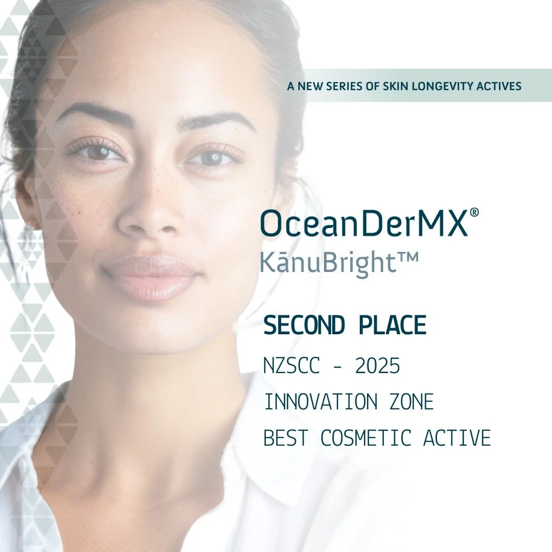 Celebrating innovation from Aotearoa &ndash; Greeting our 5th award this year! ✨

At the New Zealand Society of Cosmetic Chemists (NZSCC) annual event in Tauranga, our breakthrough active OceanDerMX KānuBright&trade; was awarded Second Place in the I
