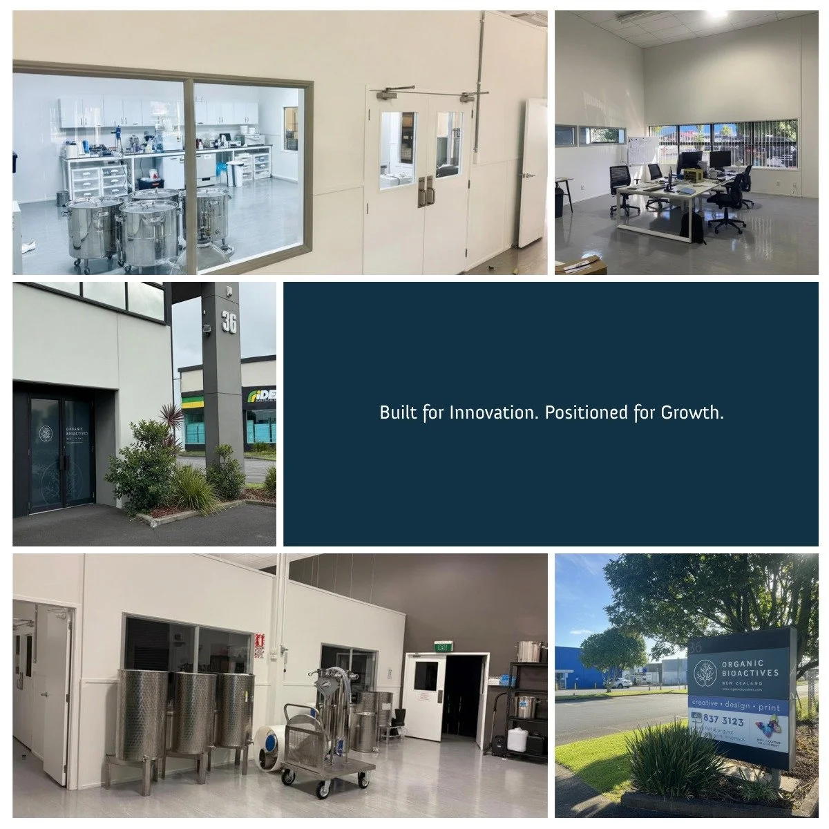 Title:
A stronger platform for innovation, manufacturing and growth.
 
Organic Bioactives is now operating from our new Henderson facility in Auckland.
This strategic move strengthens every stage of our development process &mdash; from ingredient inn