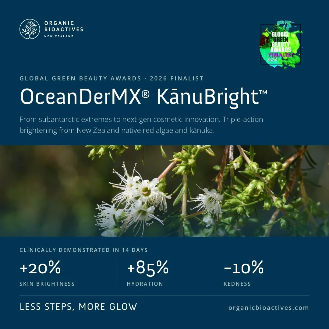 We&rsquo;re proud to announce that Organic Bioactives&rsquo; KānuBright&trade; has been selected as a finalist in the 2026 Global Green Beauty Awards.
This innovative triple-action brightening active combines New Zealand native red algae and kānuka t