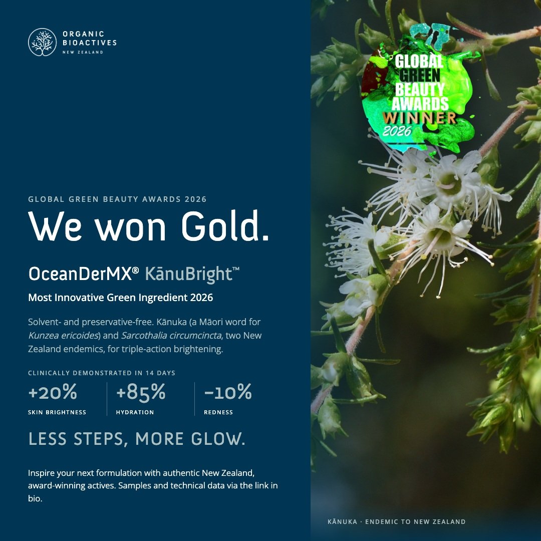 We won Gold

OceanDerMX&reg; KānuBright&trade; has won Gold for Most Innovative Green Ingredient at the 2026 Global Green Beauty Awards, an international programme that drew more than 800 entries from beauty brands worldwide.
Inspired by the country&
