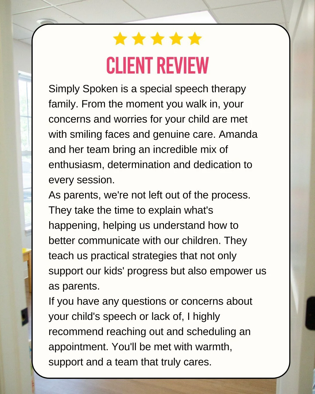 Cue happy dance time!!

Your kind words remind us why we do what we do - helping kids find their voices, celebrate their progress, and feel so proud of themselves. 🥹✨

If you&rsquo;ve had a great experience with our team, we&rsquo;d love for you to 
