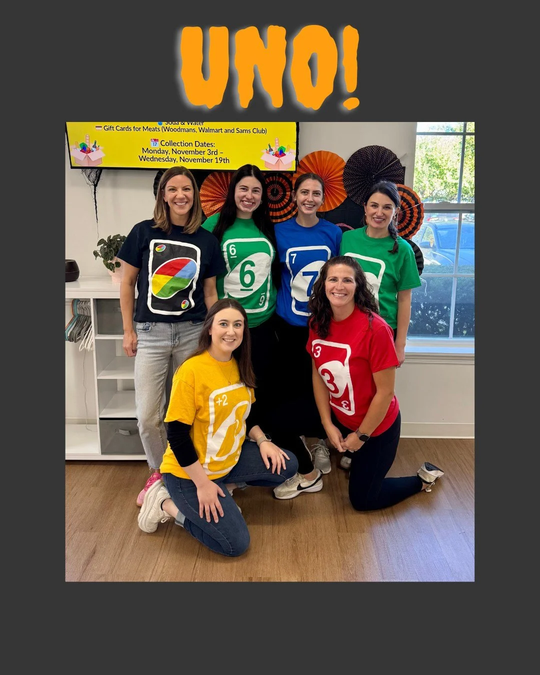 Our staff costume theme? WILD, colorful, and maybe a little competitive. Happy Halloween from this deck of 6, soon to be 7 this January (get it... 6-7 🤣) of UNO-stoppable speechies at Simply Spoken Therapy!