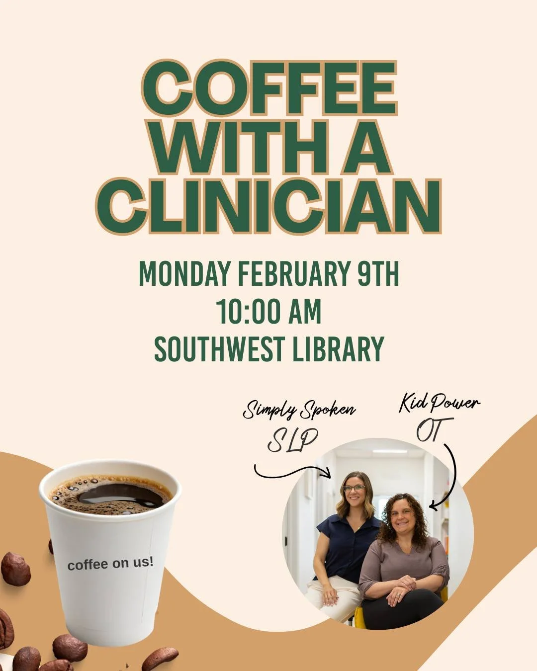 We are SO excited to team up with the @mykpl  to bring you a fun and FREE community collab -  Coffee with a Clinician! Join Kacy Puntillo (OT) from Kid Power Pediatric Occupational Therapy  and Amanda Townsend (SLP) from Simply Spoken Therapy LLC  on