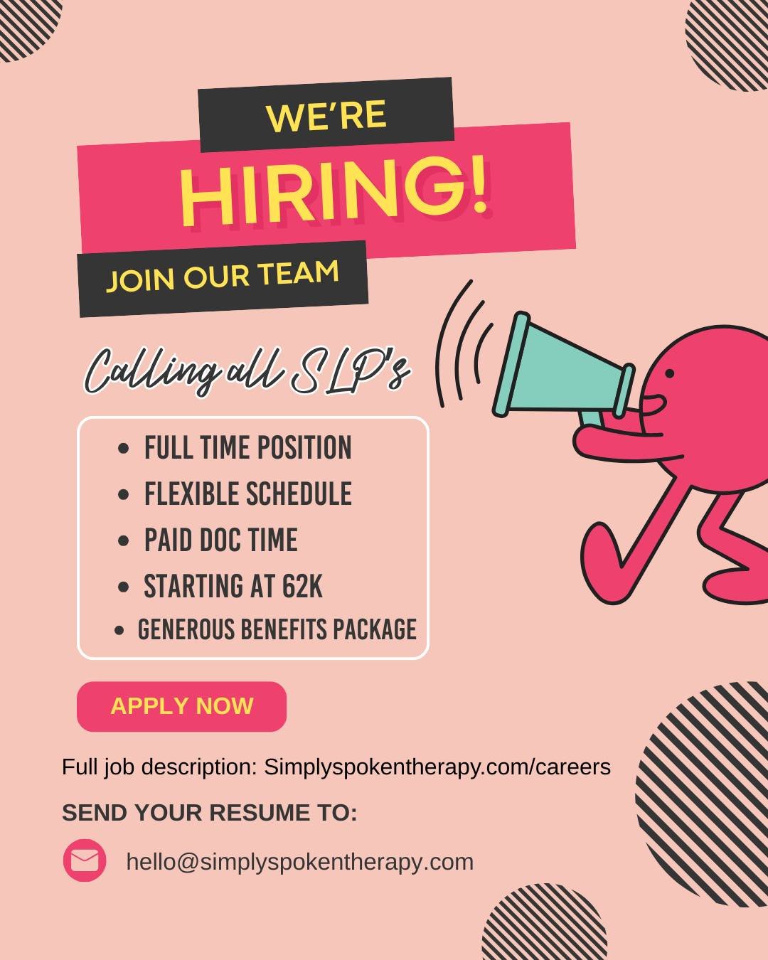 🚨 WE&rsquo;RE HIRING! 🚨
✨ Full-Time Speech-Language Pathologist ✨

Okay speech friends&hellip; this is a biggie and we are SO excited to share it 

Simply Spoken Therapy is growing and we&rsquo;re looking to welcome a full-time SLP to our warm, pla