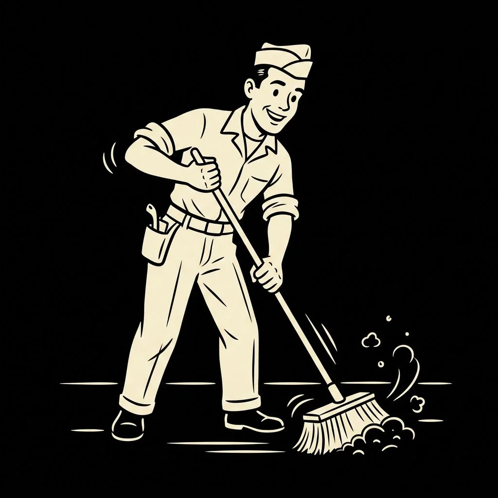 A cartoon man wearing a uniform and hat is sweeping the ground with a broom, creating dust and debris. Found on the Pink Tank Creative website — a design and brand studio in Sydney, Australia.