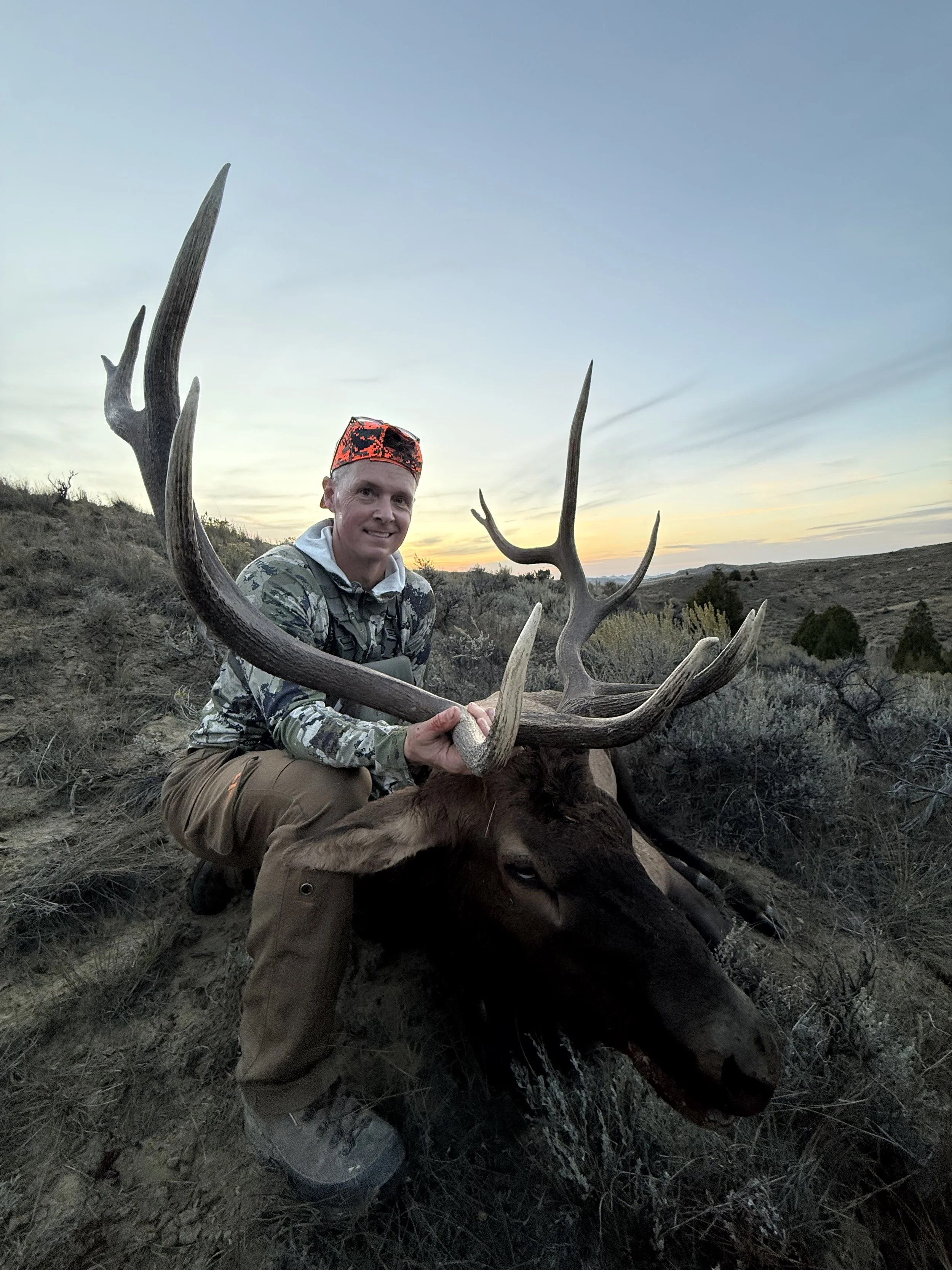 A man kneeling next to a large bull elk he has hunted, holding its antlers. The landscape is open and dry, with shrubs and hills in the background. The sky is clear with the sun setting.