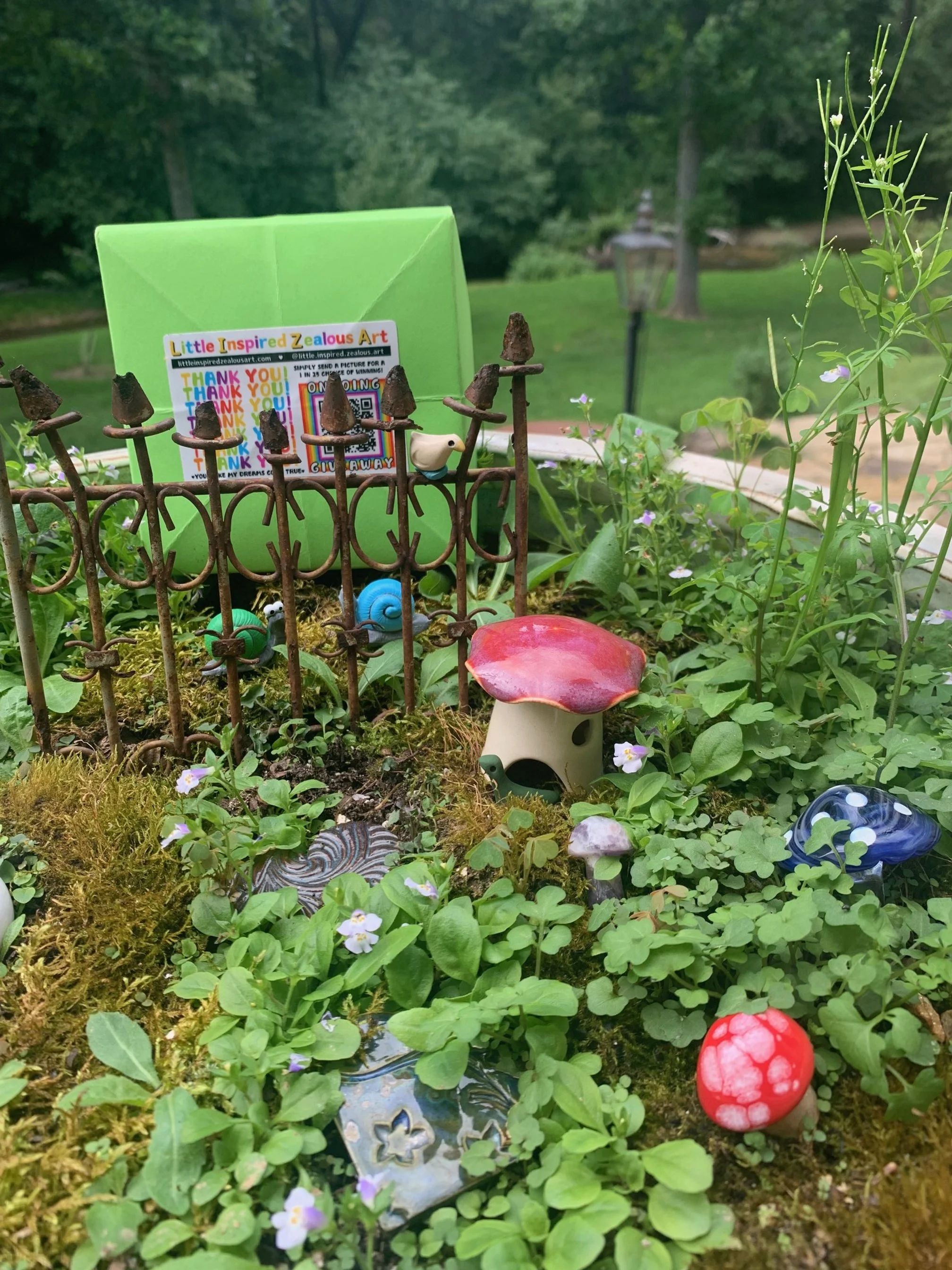 handmade ceramic mushroom made by Liza in a fairy garden