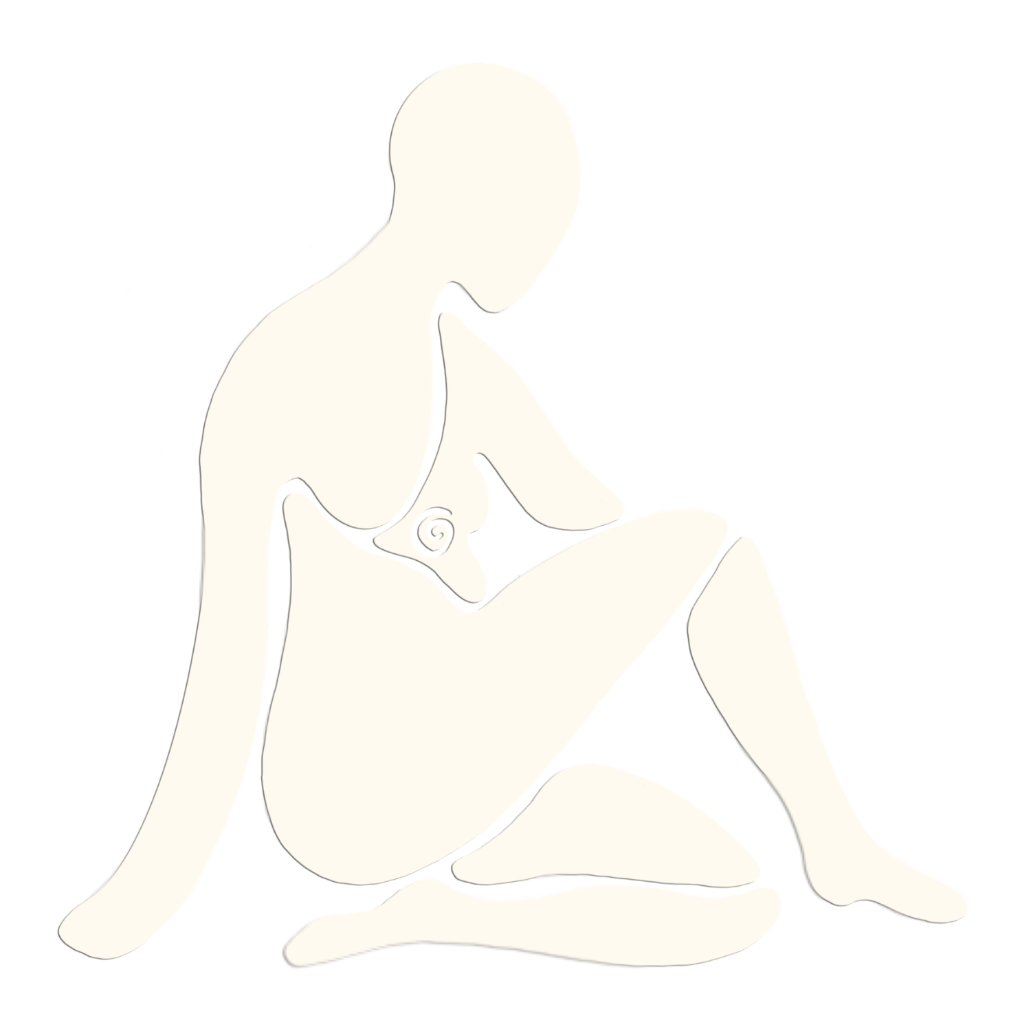 Minimalist black and white illustration of a seated abstract figure with a spiral on the chest, head tilted downward, arms resting on knees.