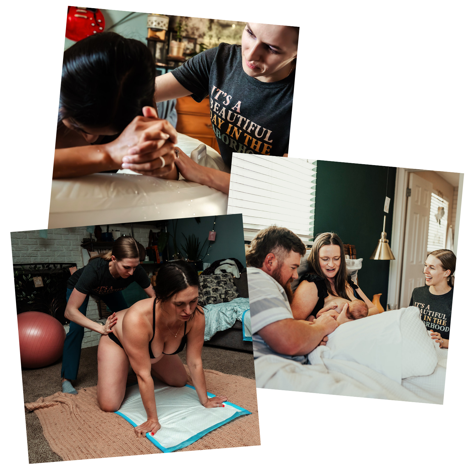 A collage of images from a baby shower with participants engaging in various activities such as prayer, massage, and socializing in a cozy indoor setting.