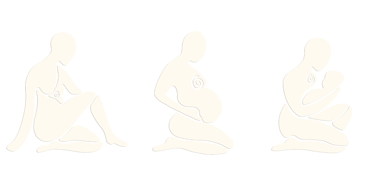 Line drawing of three pregnant women in different poses, illustrating stages of pregnancy.