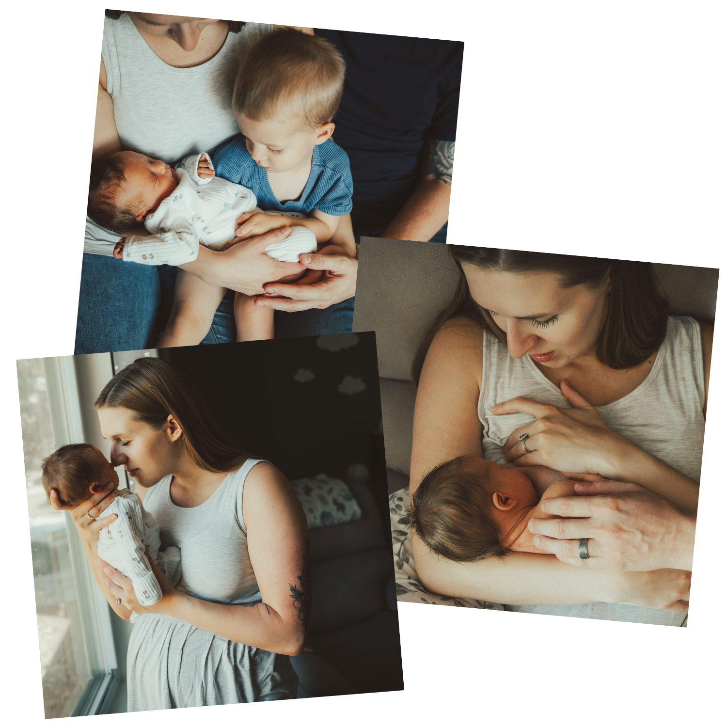 A woman holding a newborn baby close to her chest, with an older child looking at the baby while sitting on her lap.