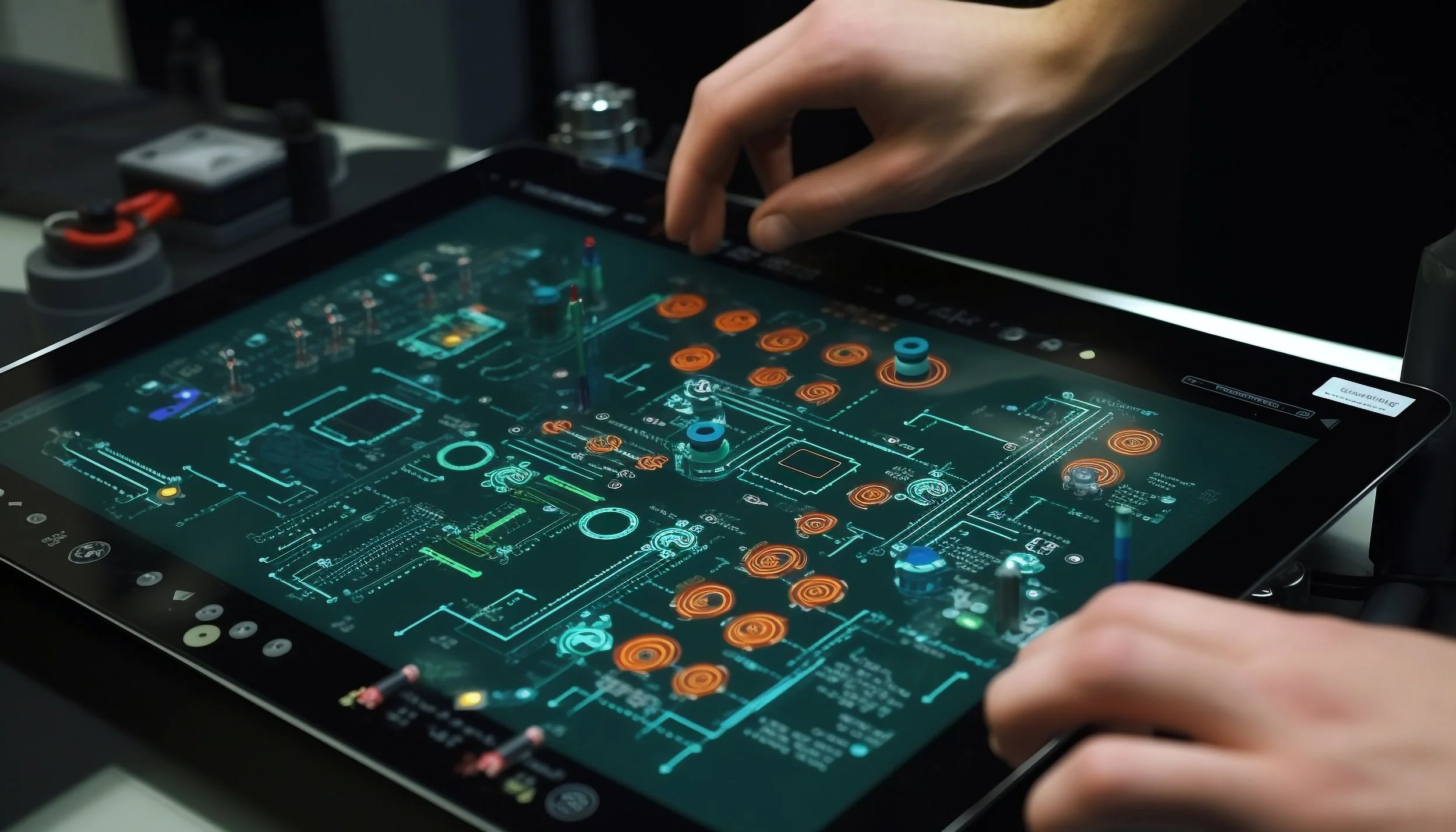 Person interacting with a tablet displaying a digital circuit board design interface.