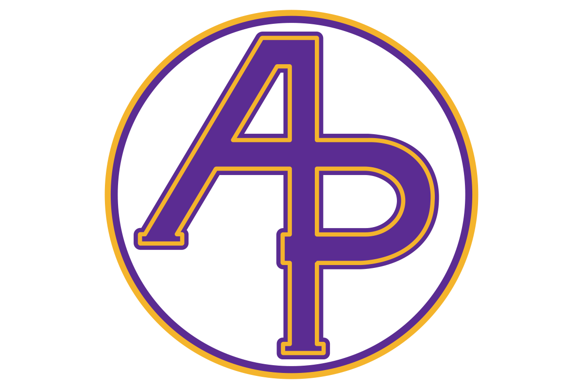 Logo with purple overlapping letters "A" and "P" inside a circle, outlined in gold and white.