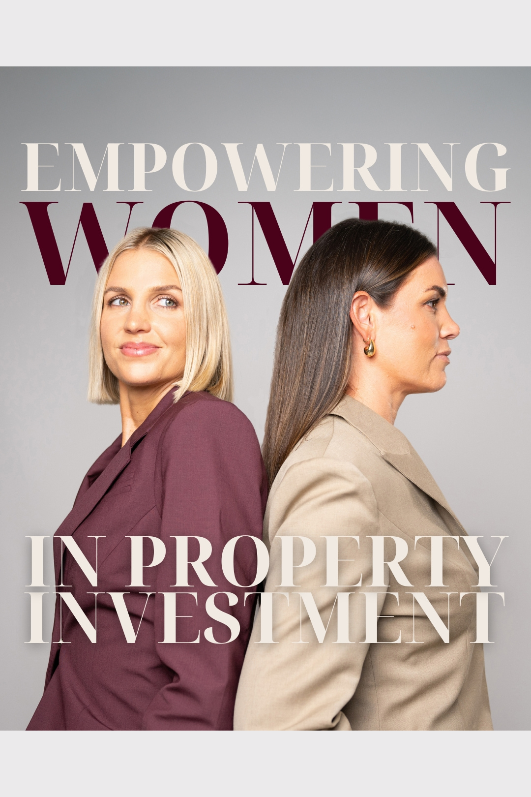 Studio portrait of two businesswomen standing back to back, photographed and designed by Leilani X Roelofs for a women in property investment campaign