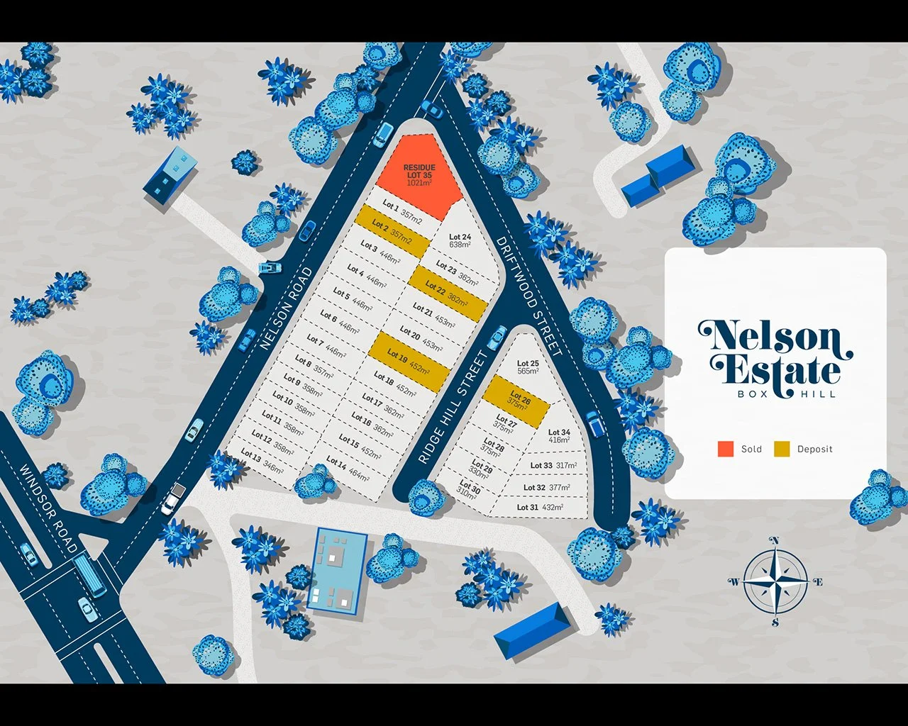 Illustrated map of Nelson Estate in Box Hill, displaying property lots, roads, and blue trees. Lots are marked as sold in red and deposit in orange. Includes roads like Windsor Road, Nielson Road, and Ridge Hill Street.