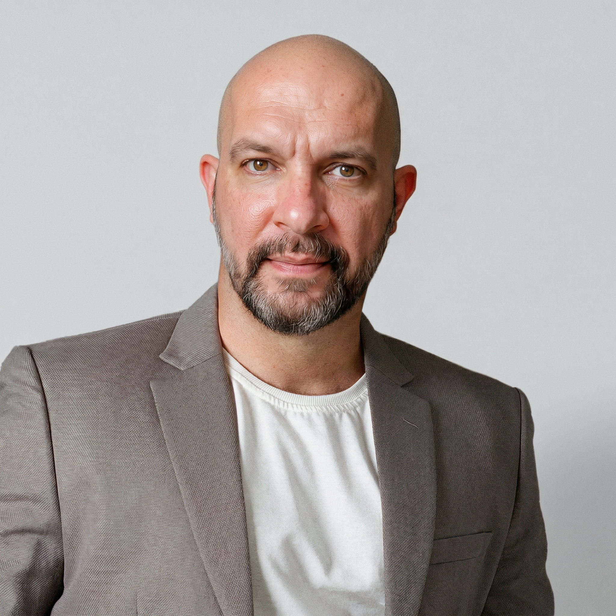 Portrait of Mark Araujo. A close-up of a man's face showing his eyes, forehead, and beard. He is wearing a light-colored shirt and a blazer, with a neutral background.